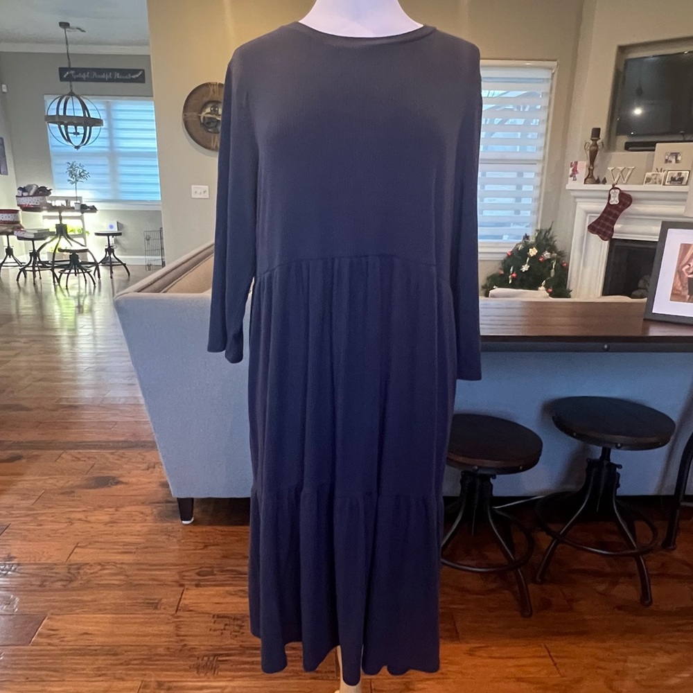 N/T Made in LA Ribbed Tiered A-Line Dress Size 2XL XXL Navy Blue 46” Chest